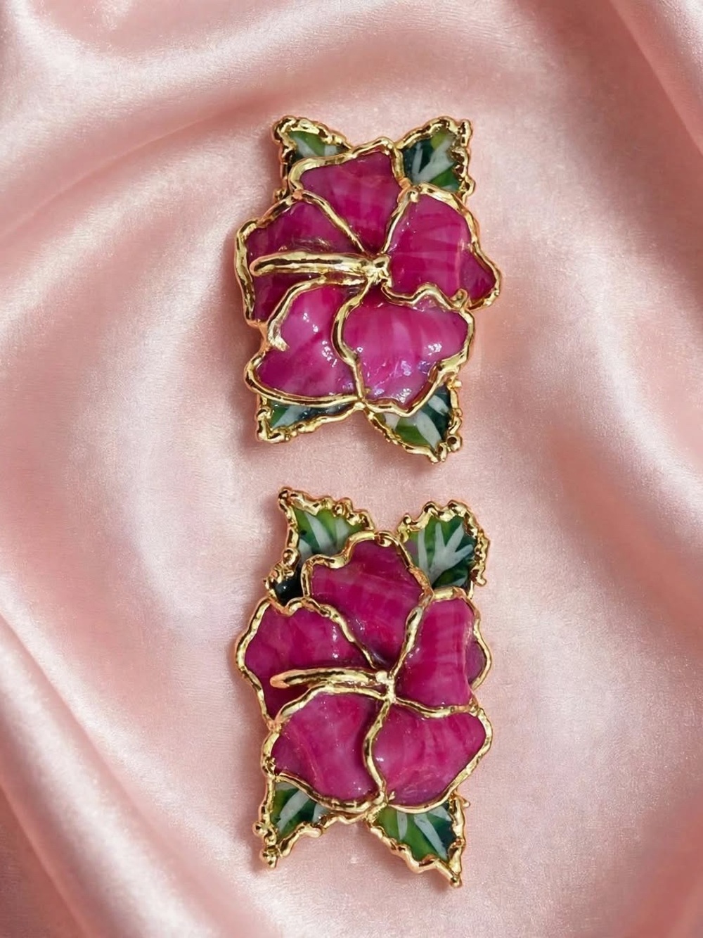 Gold-Tone Pink Enamel Floral Clip-On Earrings